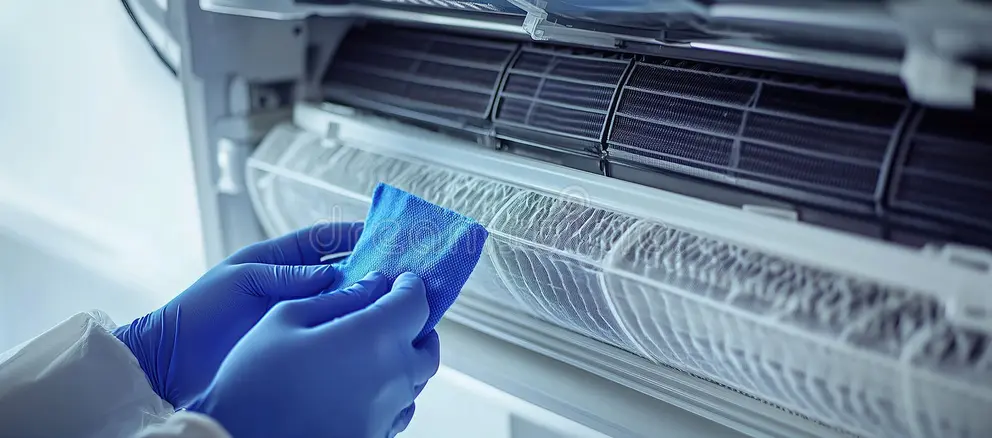 close up person wearing gloves cleaning air conditioner filter blue cloth focusing cleanliness maintenance 329730819 (1)